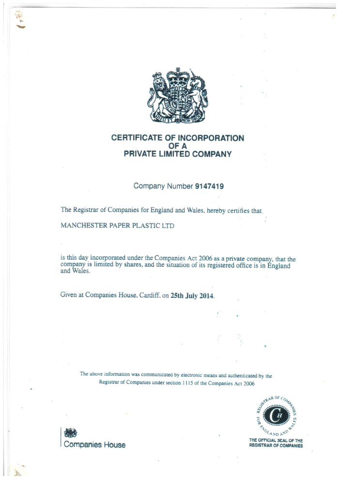 Certificate of Incorporation for Manchester Paper Plastic Ltd