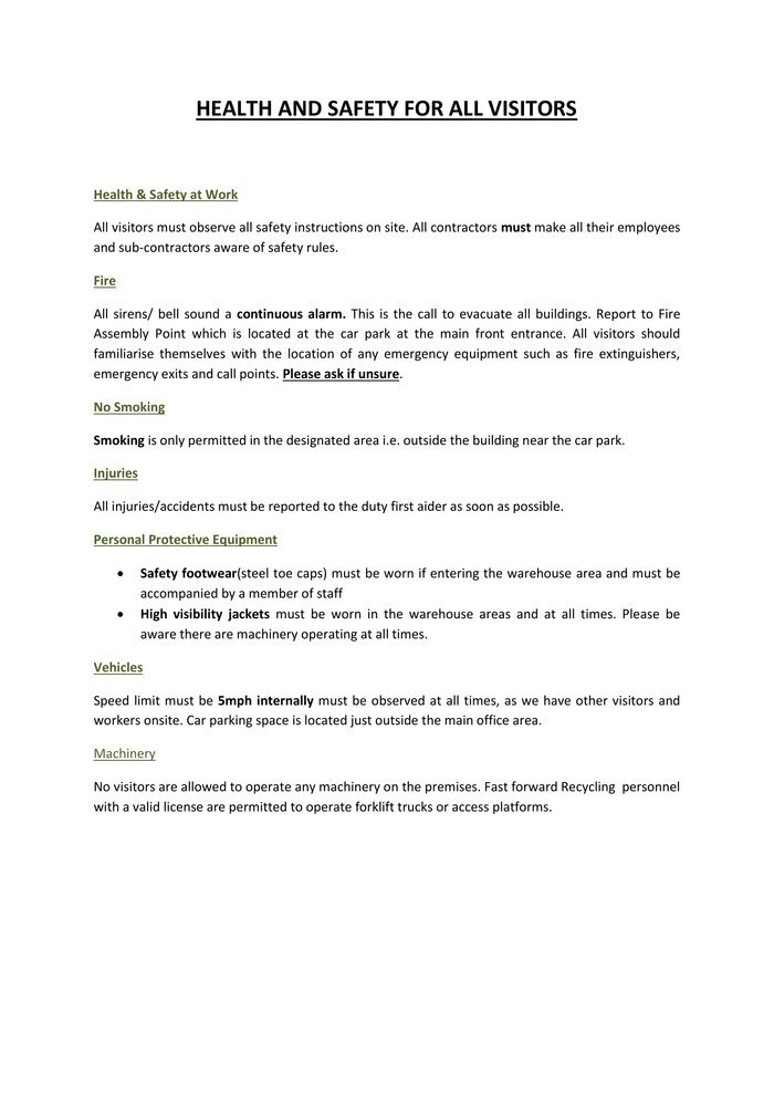 Health and safety policy document for site visitors