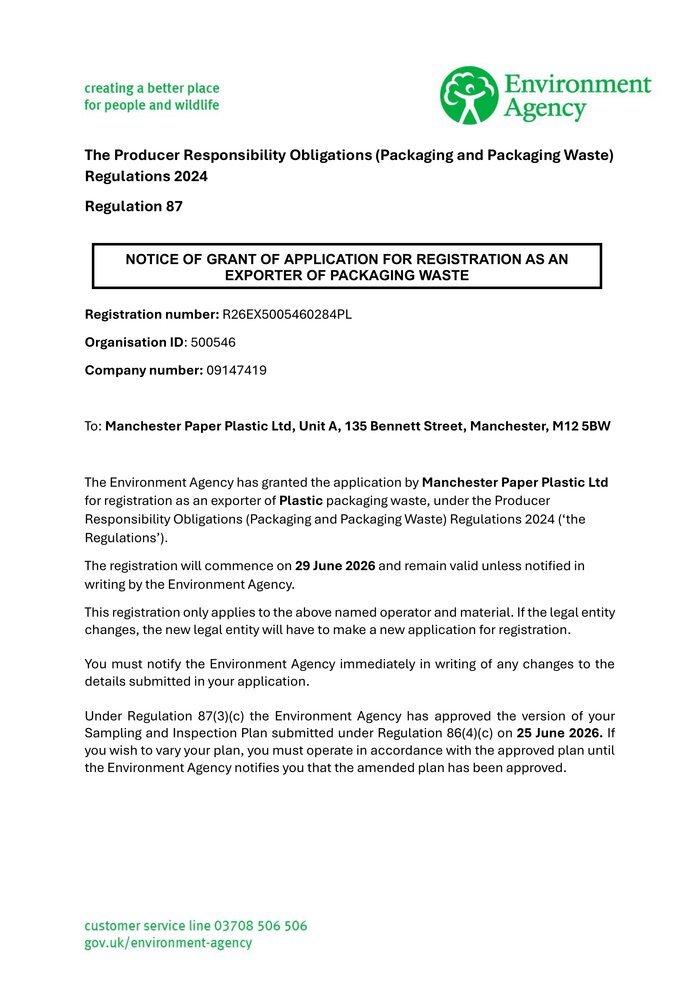 PRN exporter registration notice from the Environment Agency
