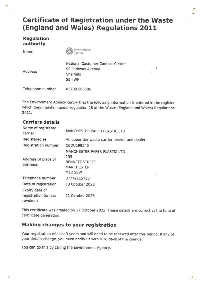 Waste Carrier, Broker and Dealer registration certificate
